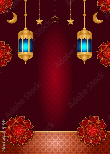 Arabic Islamic Arch Green and Golden Luxury Ornamental Background with Islamic Pattern Frame