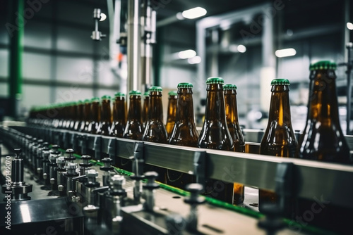 Factory for the production of beer. Brewery conveyor with glass beer drink alcohol bottles  modern production line. Blurred background. Modern production for bottling drinks. Selective focus.