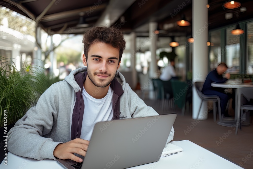 Fototapeta premium Portrait of Cheerful Male Student Learning Online in Coffee Shop, Young European Man Studies with Laptop in Cafe, Doing Homework