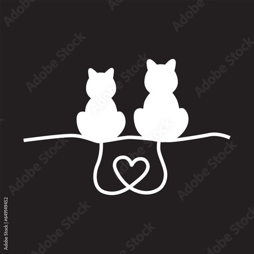 Two Cats With Heart Shaped Tails. Vector Illustration Art.