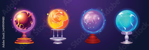 Crystal magic ball vector, glass orb sphere icon. Fantasy fortune teller circle occult ice and flame set. magician wizard round fire power shine for spiritual prediction ui witchcraft game object.