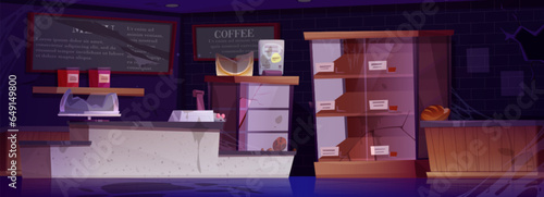 Abandoned cafe with dusty furniture and broken glass. Vector cartoon illustration of bankrupt coffee shop interior, stale bread, mouse on shelf, dirty counter, spider web on walls, damaged menu board