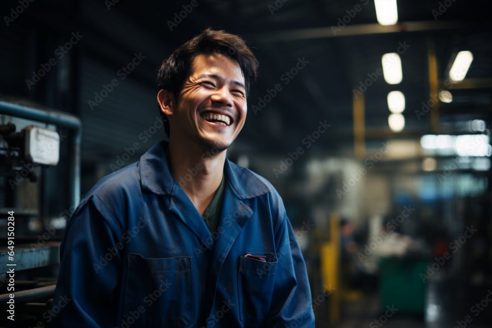 Candid portrait of factory worker laughing Candid portrait of factory worker laughing