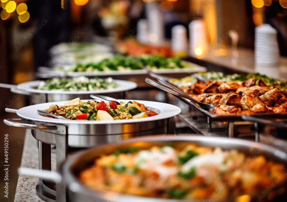 Hotel breakfast,lunch and dinner buffet with various hot and cold appetizers and snacks prepared by catering for various events.Macro.AI Generative
