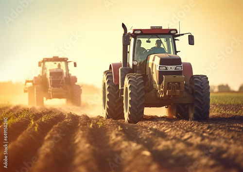 Tractors plowing soil and getting ready to start new agricultural season for wheat harvest in future.Macro.AI Generative