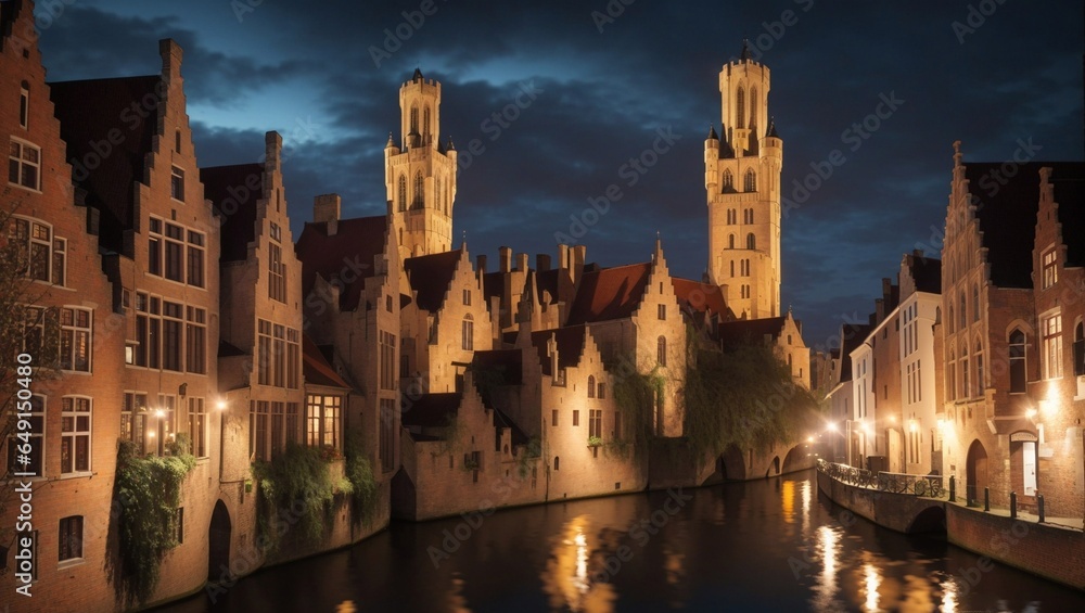 Medieval buildings in Bruges, Belgium old town Brugge illuminated at night.