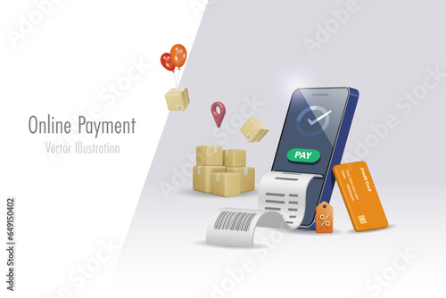 Online shopping and delivery payment, digital banking concept. Smartphone with success transaction in credit card payment and billing receipt on mobile touch screen with carton boxes. 3D vector.
