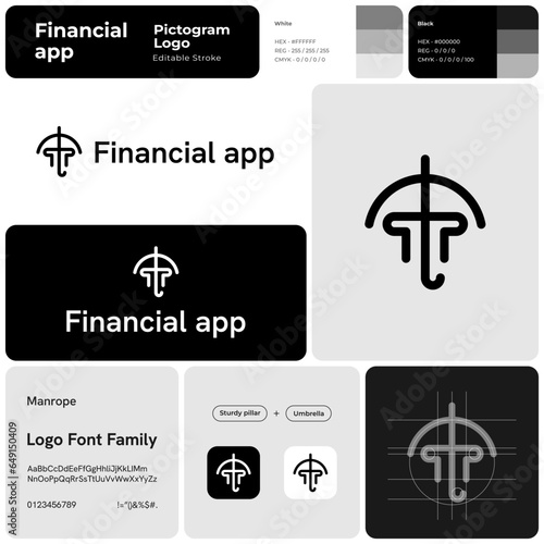 Financial app monochrome business logo with brand name. Sturdy pillar and umbrella icon. Creative design element and visual identity. Template with manrope font. Suitable for investment app. photo