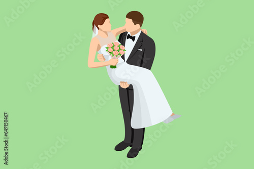 Isometric wedding couple. Lovely married couple embracing and looking at each other. Marriage and family relations. Wedding ceremony.