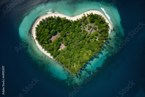 Top view of tropical heart shape island, beautiful tropical island in the shape of heart
