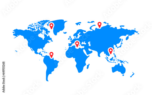 World map with location icon vector illustration. blue color World map template with continents  North and South America  Europe and Asia  Africa and Australia