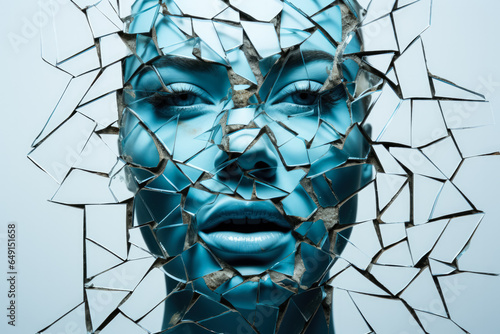 A fragmented mirror reflecting distorted self-image isolated on a white background  photo