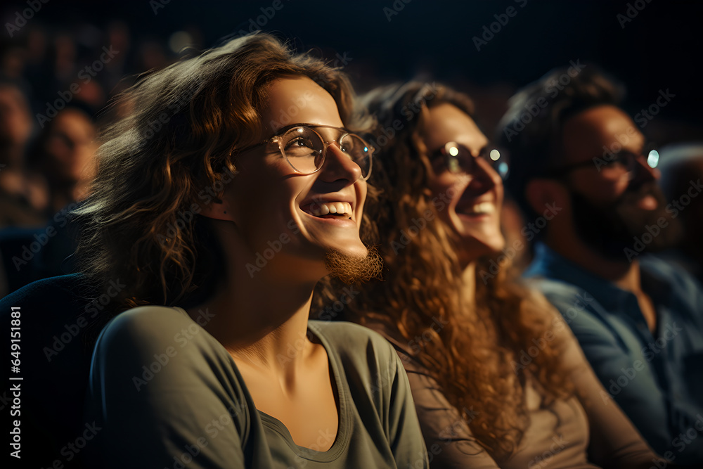 Cheerful people sitting in movie theater and watching cinema Cheerful people sitting in movie theater and watching cinema