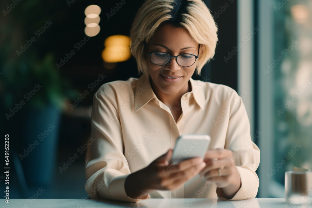 Businesswoman Using Mobile Phone in a Cafe Businesswoman Using Mobile Phone in a Cafe