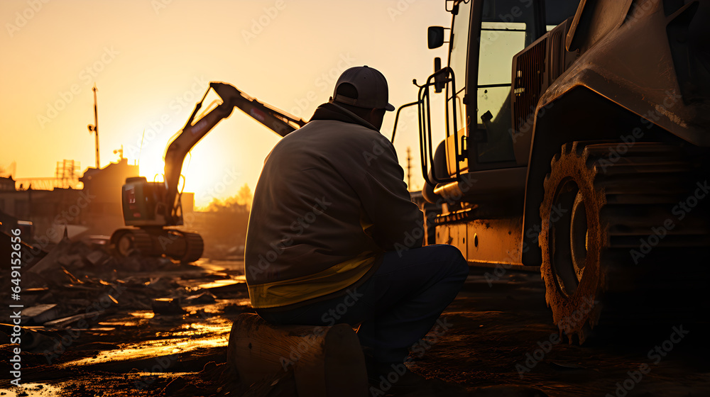 Fototapeta premium Sunset on the construction site. Silhouette of engineer sitting near excavator