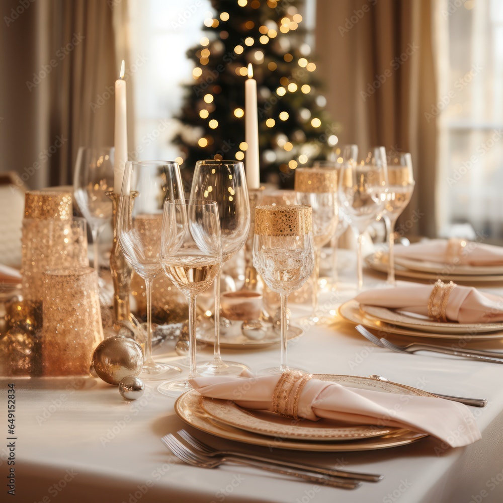 Christmas table decoration closeup, Xmas ball and festive holiday place setting Christmas table decoration closeup, Xmas ball and festive holiday place setting