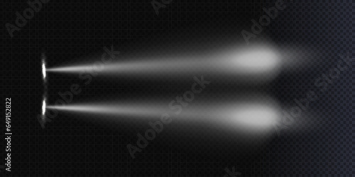 Car headlight top view concept isolated on a dark, transparent background. White flares of car lights have a realistic effect on a nighttime road top view vector illustration.