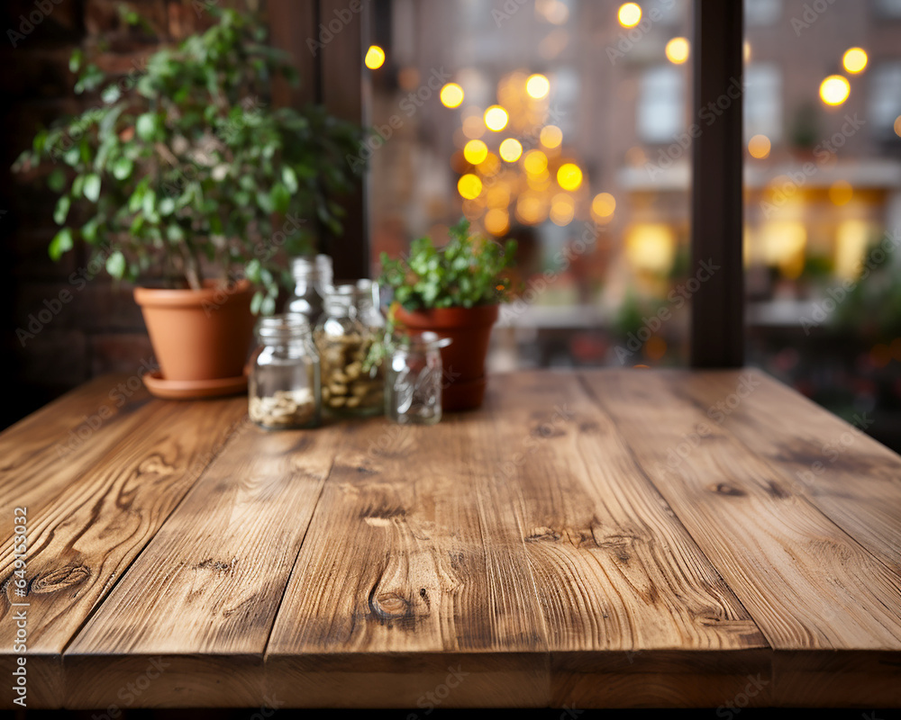 Empty wooden kitchen table against a background of defocused kitchen interior