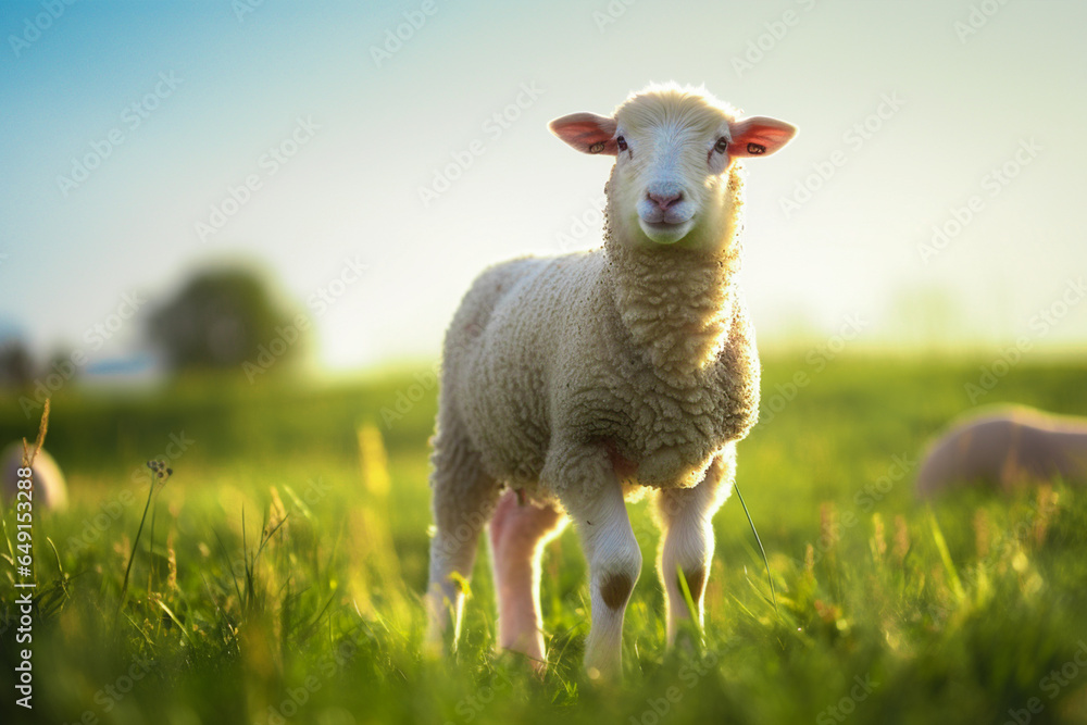 portrait of a small adorable lamb in the field at sunlight portrait of a small adorable lamb in the field at sunlight