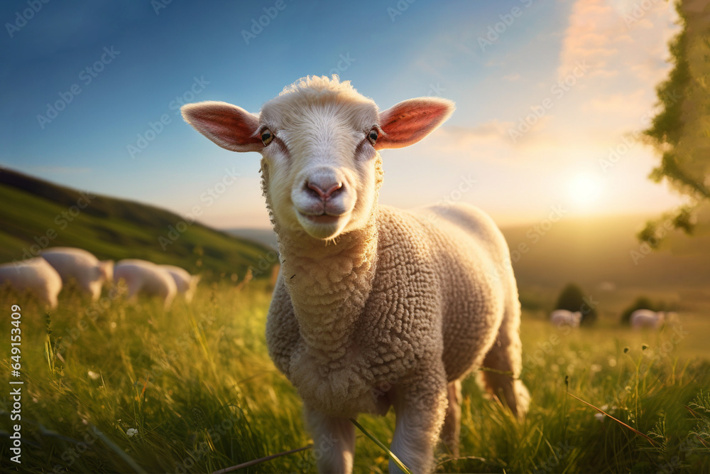 portrait of a small adorable lamb in the field at sunlight portrait of a small adorable lamb in the field at sunlight