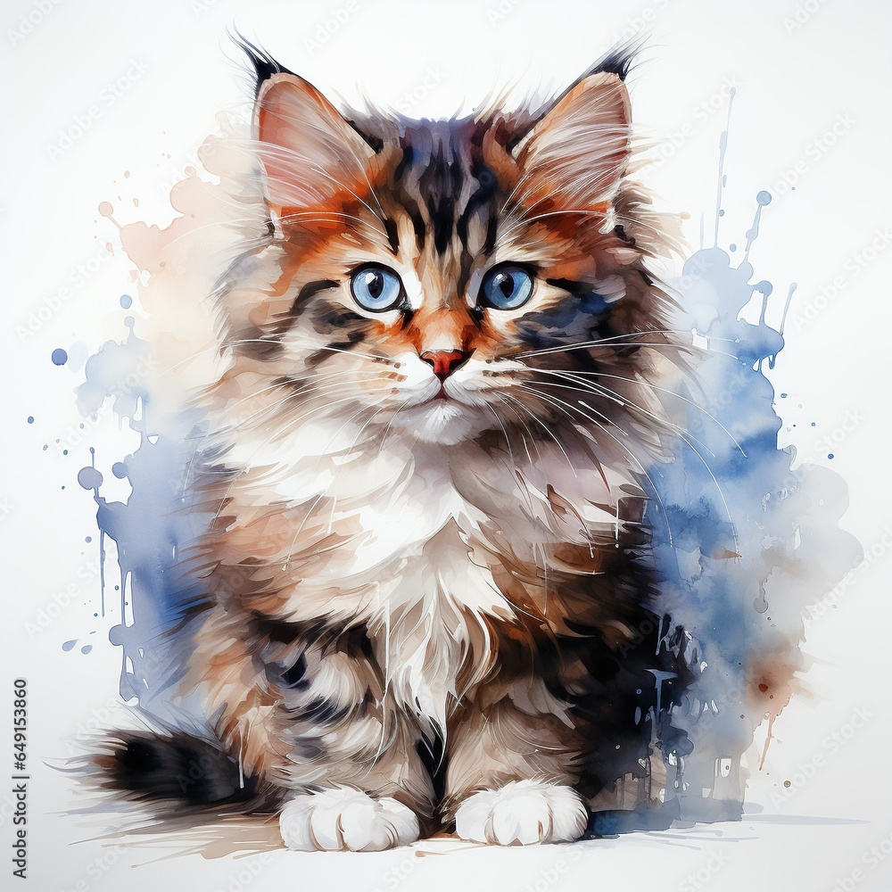 Colorful watercolor illustration of cute cats on white backgorund.