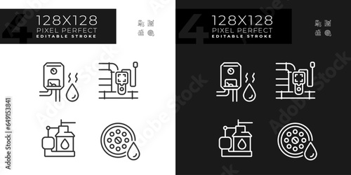 Pixel perfect set of dark and light icons representing plumbing, editable thin line illustration.