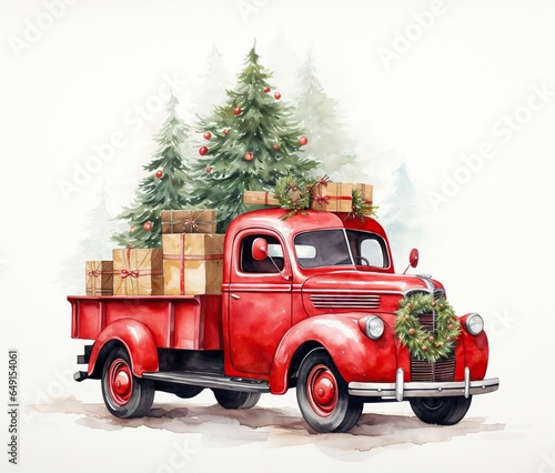 A vintage red truck with Christmas trees, in a snow, landscape. Generative Ai