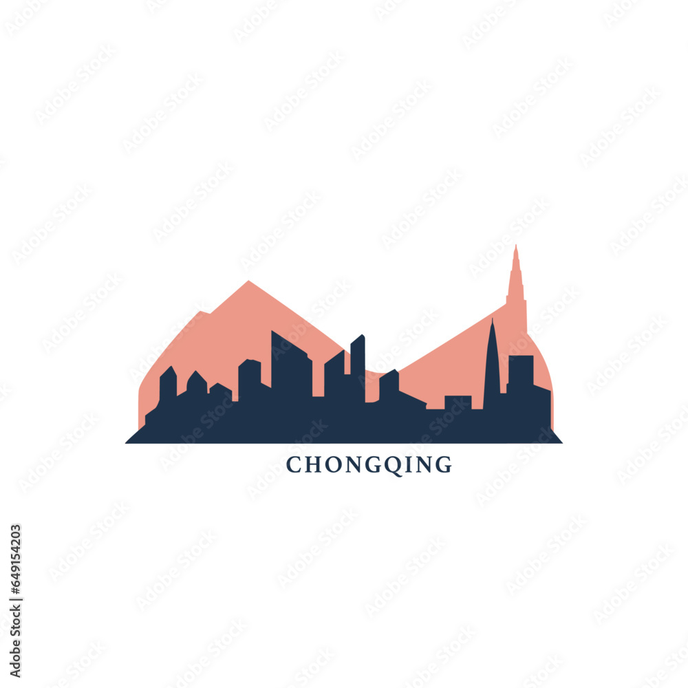 China Chongqing cityscape skyline city panorama vector flat modern logo icon. Asian metropolis emblem idea with landmarks and building silhouettes. Isolated Chinese graphic