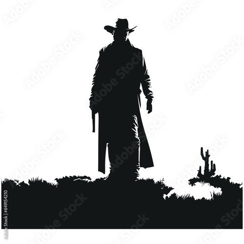 Classic retro western or wild west character, cowboys sheriff or outlaw man black silhouette holding a gun. Isolated vector clipart, illustration 