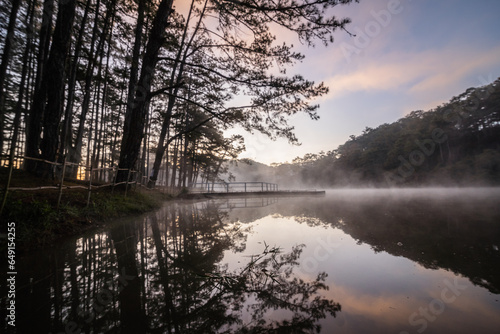 Dawn in the Golden Valley tourist area is filled with beautiful mist and a beautiful landscape of Da Lat