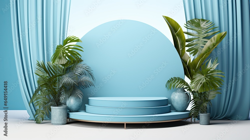 Luxury baby blue gold podium mockup for product with leaf AI Generative Luxury baby blue gold podium mockup for product with leaf AI Generative