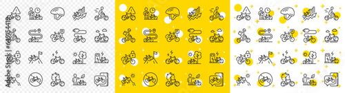 Mountain bike, Travel bicycle and Electric transport set. Bicycle line icons. City delivery, safety helmet and rent a bike line icons. Mountain sport, road transport and cyclist protection. Vector