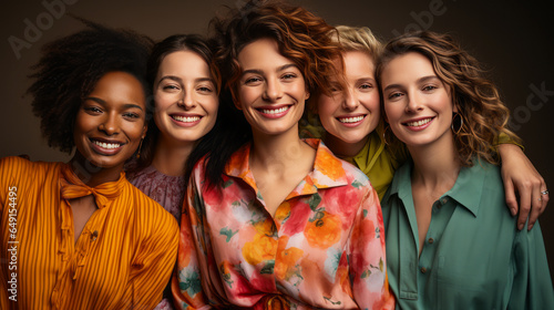 Vibrant, powerful display of diversity and unity shown by a multi-ethnic group of women in eclectic woolen sweaters, radiating positivity from a plain background.