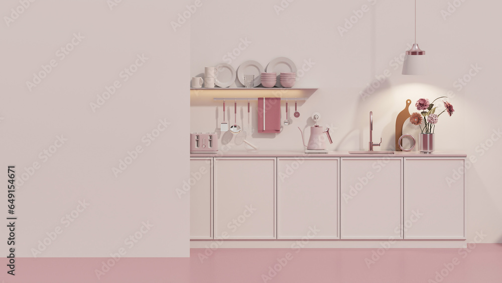 Pink kitchen room with built in sink and stove and minimalist interior design. Dinner table on pastel background. 3d rendering
 - obrazy, fototapety, plakaty 