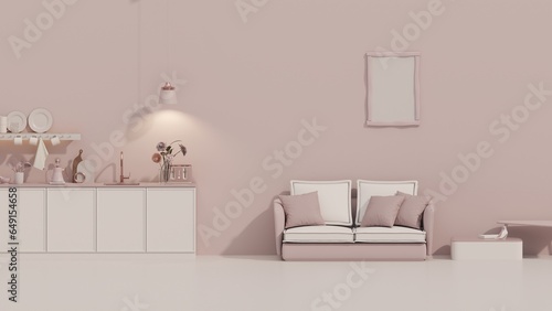 Pink kitchen room with built in sink and stove and minimalist interior design. pink sofa on pastel background. 3d rendering 