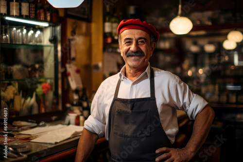 Smiling male business owner in an apron. Small cafe concept