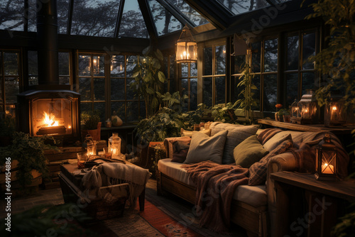 Wallpaper Mural photo of a cozy seating area within the winter garden, complete with blankets, cushions, and a warming fire pit, inviting viewers to experience the charm of a winter retreat Torontodigital.ca