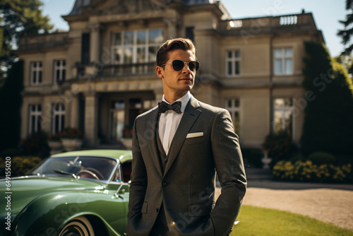 photo of the guy in a dapper old money-style outfit, posed in front of a stately mansion, embodying the timeless elegance of affluent living © forenna