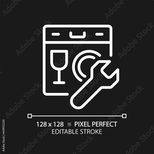 2D pixel perfect editable white dishwasher icon, isolated vector, thin line illustration representing plumbing.