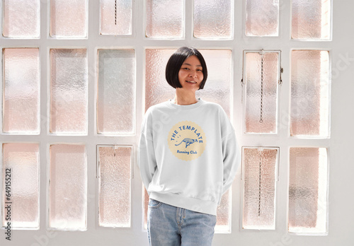 Mockup of Asian woman wearing sweatshirt with customizable color by window Free Download Mockup of Asian woman wearing sweatshirt with customizable color by window - GFXLoad