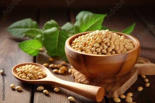 Soybeans in wooden bowl with wooden spoon on table wooden.