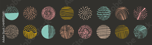 Collection of circle abstract colorful patterns backgrounds. Hand drawn line doodle round shapes, scribble textures. Vector illustration isolated on white background