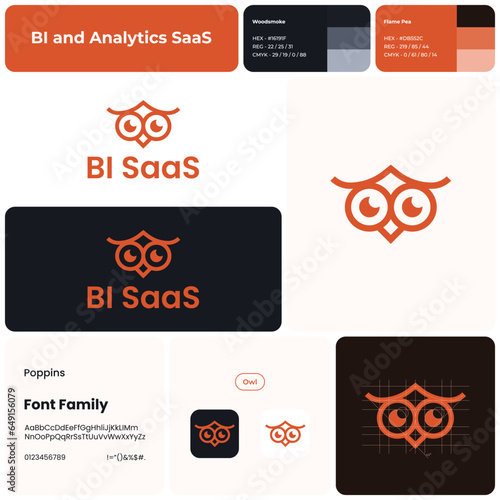 BI and analytics SaaS blue line business logo with brand name. Owl icon. Design element and visual identity. Template with poppins font. Suitable for business intelligence, software, cloud computing. photo