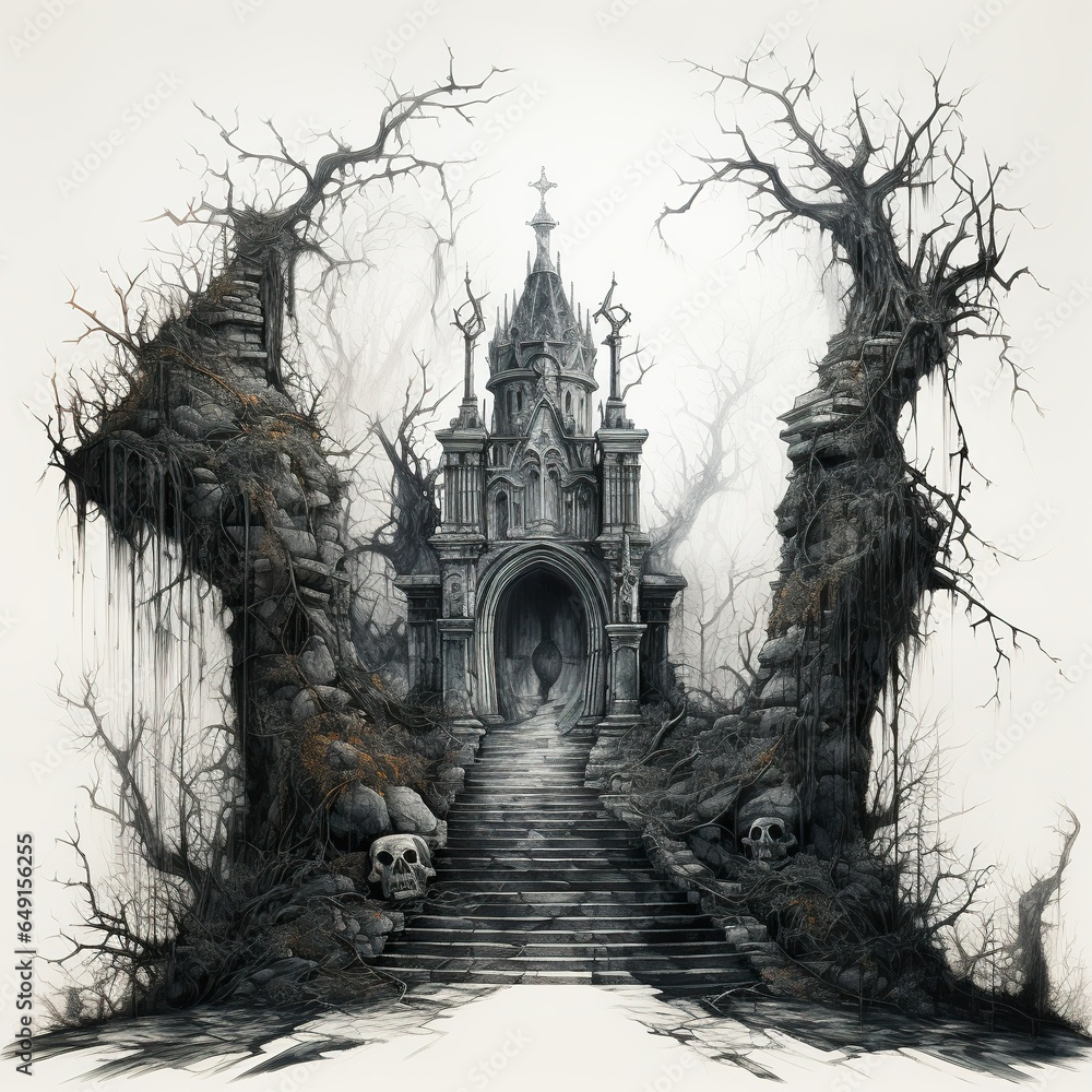Obraz premium Spooky Halloween illustration with tombs in monochrome
