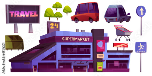 Supermarket store and car parking exterior vector set. City grocery market cartoon clipart design. Outside street business icon with shopping cart, vehicle and hypermarket building isolated element
