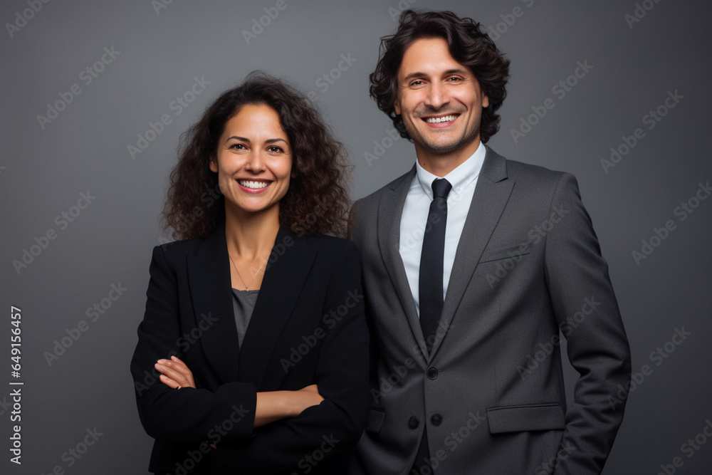 Business partners posing in front of gray background, looking at camera and smiling Business partners posing in front of gray background, looking at camera and smiling