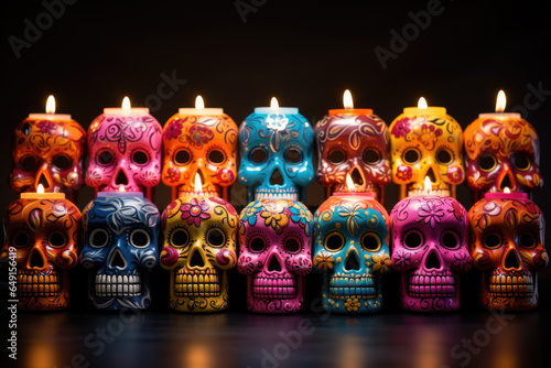 Bright candles on traditional Day of the Dead altar isolated on a gradient background 
