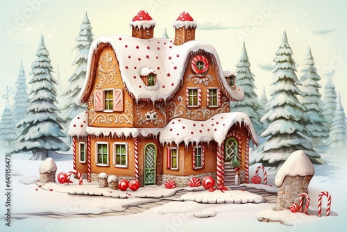 Gingerbread house watercolor illustration on white background. © DigitalGenetics