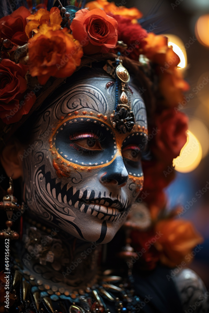 Dazzling display of skeleton-themed face paintings at a joyous Day of the Dead celebration 