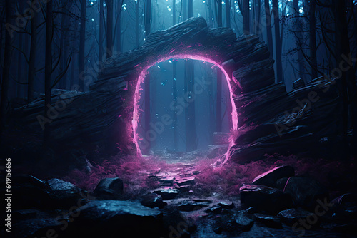 Obraz na płótnie Abstract portal stone gate with neon circle glowing light in the dark wood forest space landscape of cosmic, rocky mountain stone field, spectrum light effect